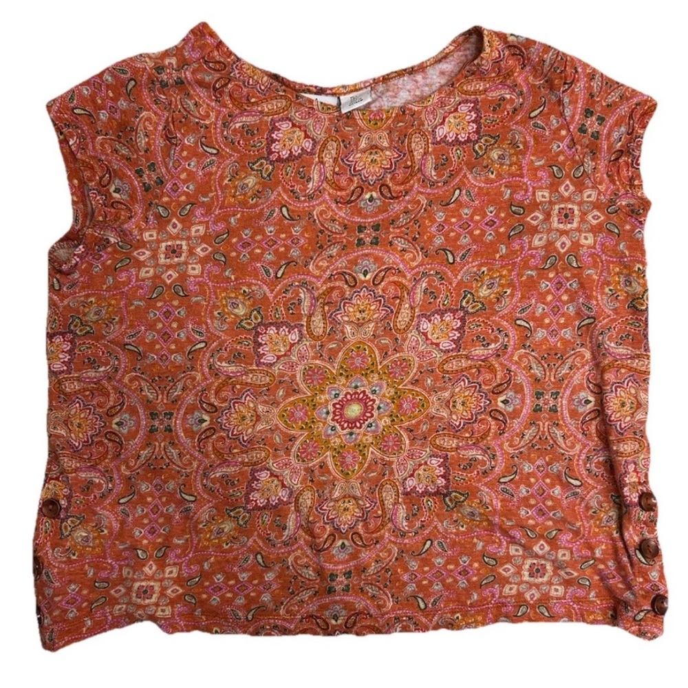 Joie 100% Linen Boho Paisley Kaleidoscope Boxy Top w/ Side Buttons – Size L